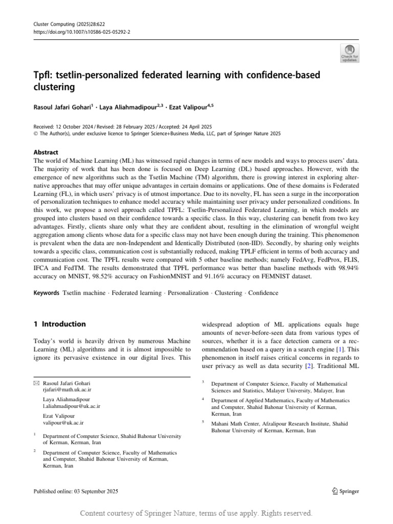 TPFL Tsetlin-Personalized Federated Learning With | PDF | Cluster ...