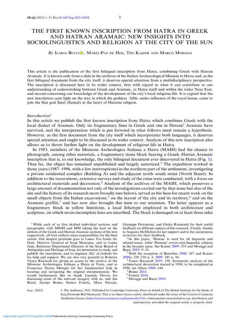 The First Known Inscription From Hatra in Greek and Hatran Aramaic New ...