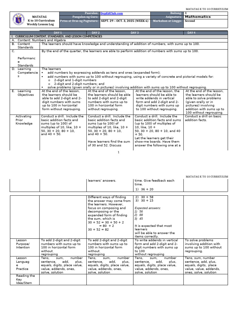K to 10 Math Lesson: Addition Skills | PDF | Curriculum | Learning