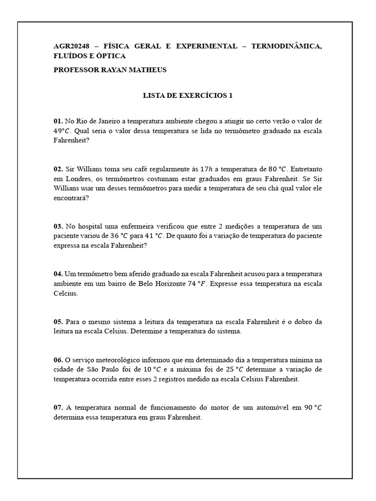 Exercícios de Termodinâmica e Calor | PDF | Temperatura | Termômetro