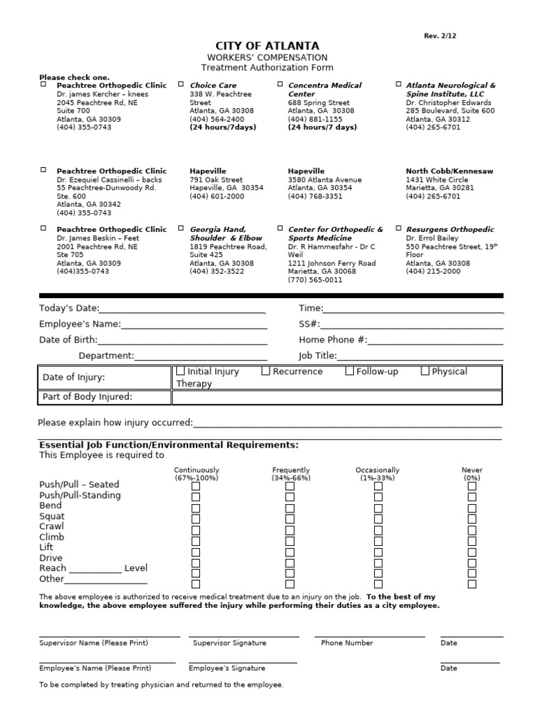 Atlanta Workers' Comp Treatment Form | PDF | Pharmacy | Medical ...