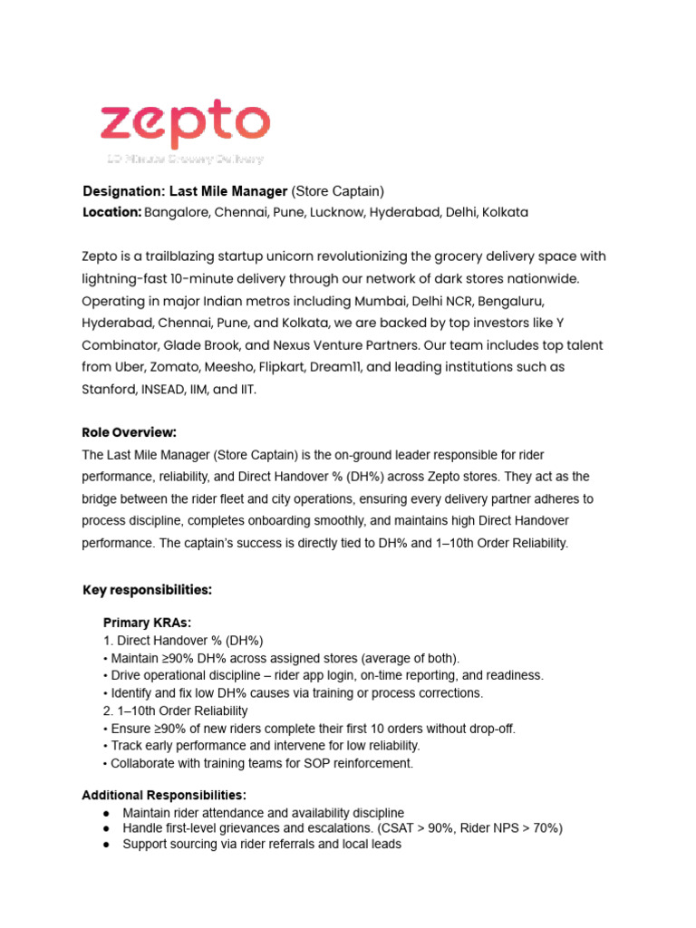 Last Mile Manager Job Opening at Zepto | PDF