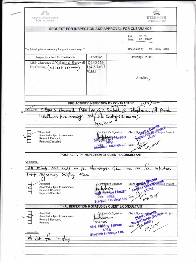 MEP Column Inspection Request Document | PDF
