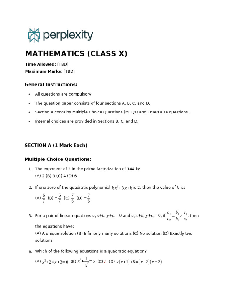 Class X Mathematics Exam Paper | PDF | Factorization | Quadratic Equation