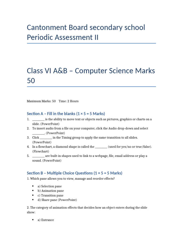 Class VIII Computer Science Question Paper (1) | PDF | Microsoft Power ...