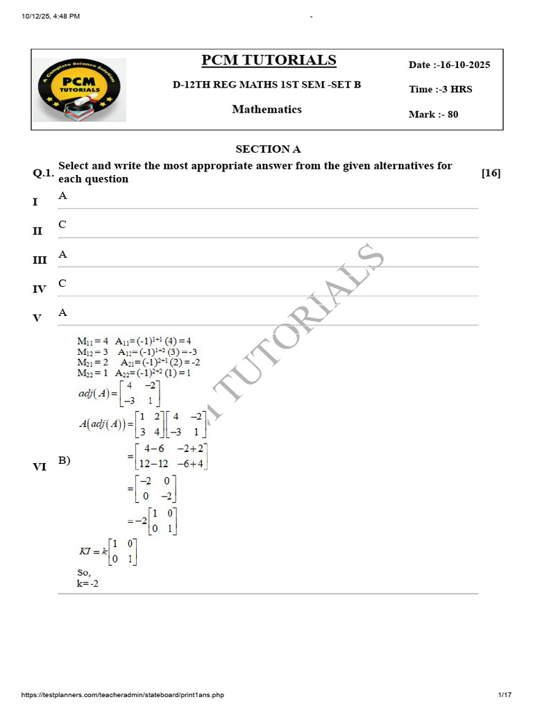 Answer Key-D-12th Reg Maths 1st Sem - Set B | PDF | Mathematics | Equations