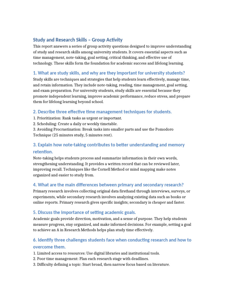 Study and Research Skills Group Activity | PDF | Study Skills | Time ...