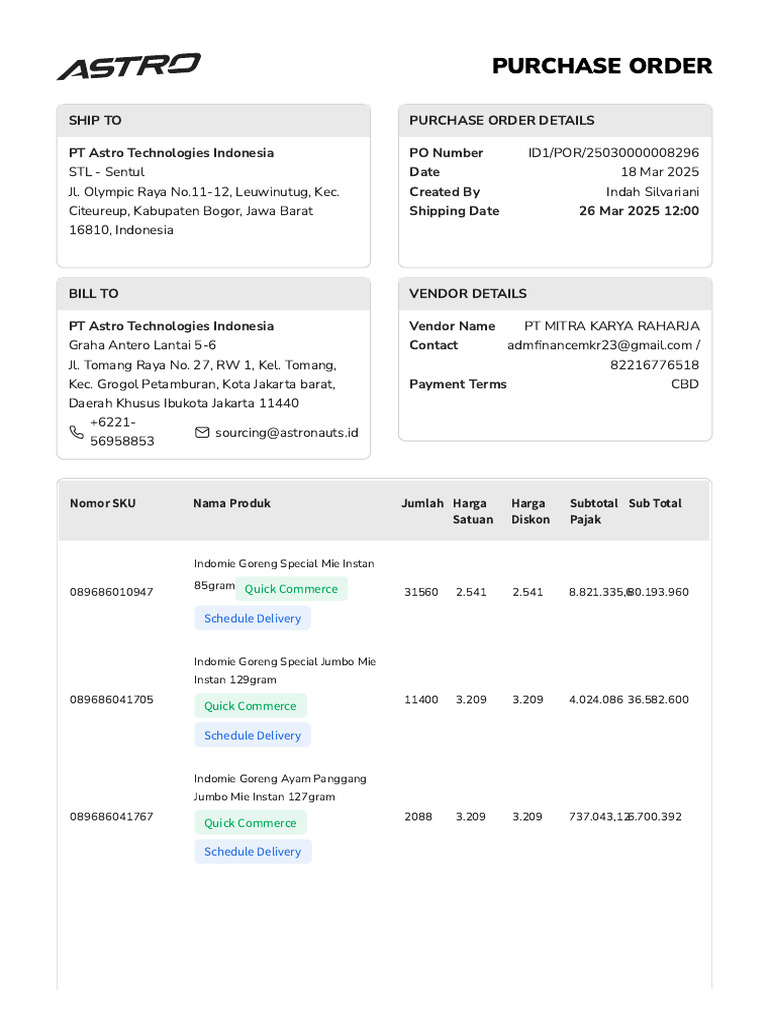 Purchase Order PT Astro Technologies | PDF