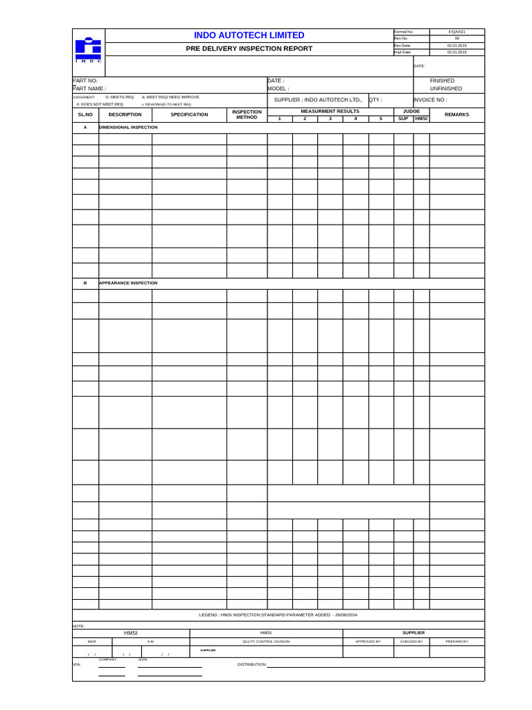 Pre-Delivery Inspection Report Template | PDF