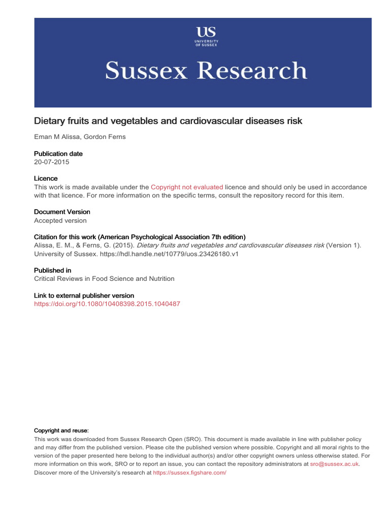 Dietary Fruits and Vegetables and Cardiovascular Diseases Risk | PDF ...