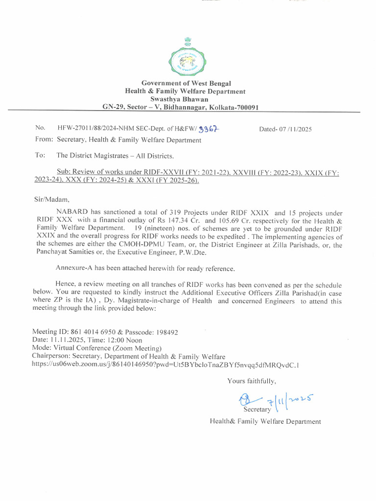 Letter To DMs Regarding Review of Works Under RIDF DT 07-11-2025 | PDF