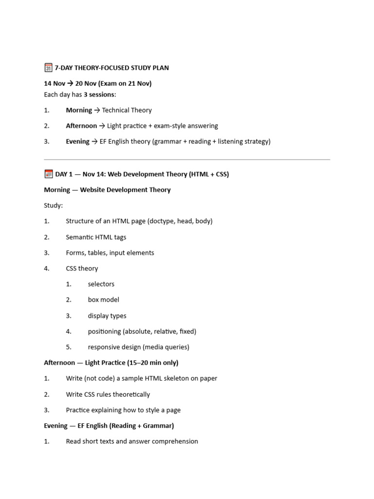 7-Day Study Plan for Software Development Exam | PDF | Html | Html Element