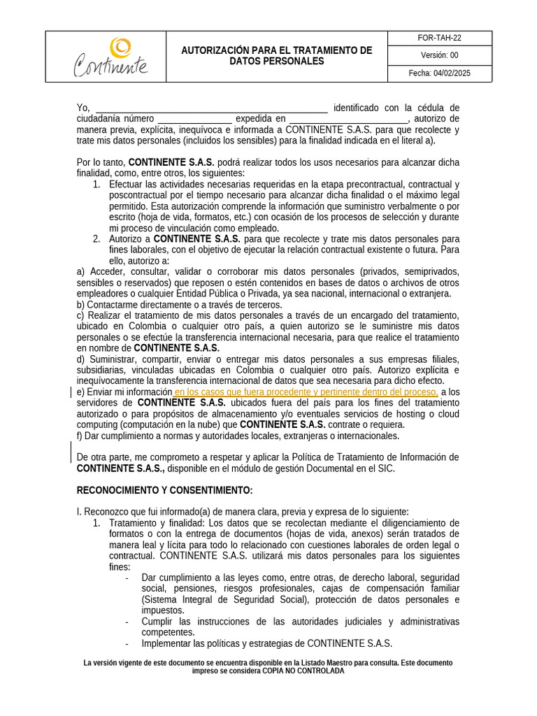 Autorizacion para Tratamiento de Datos Personales | PDF | Informática