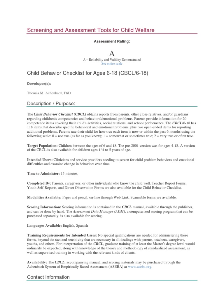 CBCL Rating PDF Educational Assessment Quality Of Life