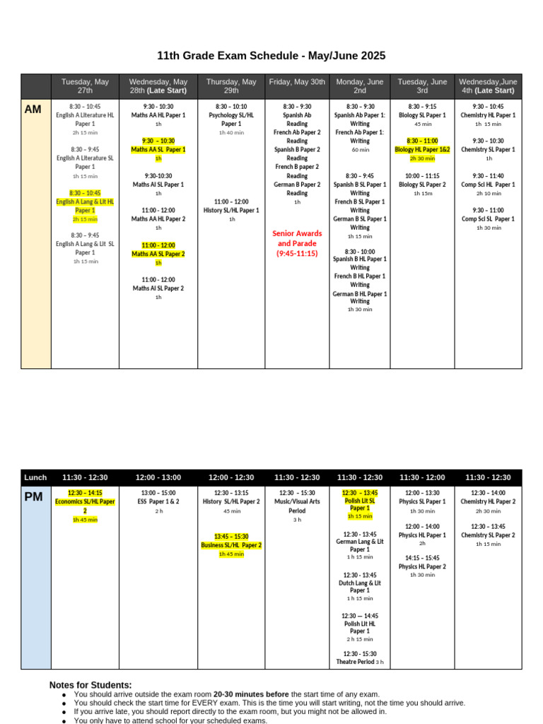 11th Grade Exam Schedule May-June 2025 | PDF
