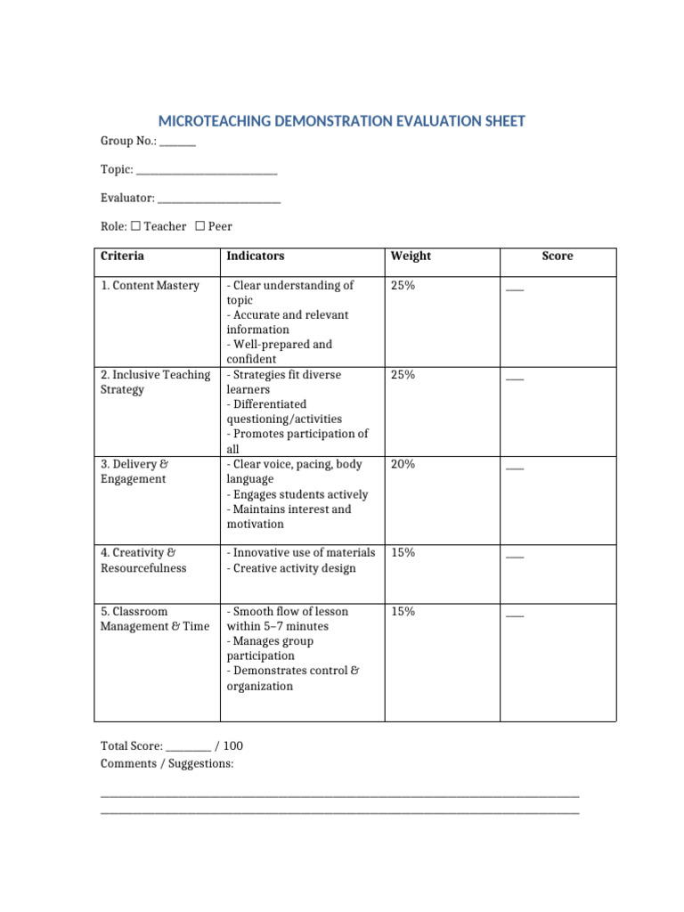 Microteaching Evaluation Sheet Template | PDF