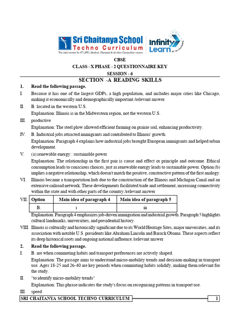 CBSE English Class -X Phase 2 Session - 6 Key | PDF | Illinois