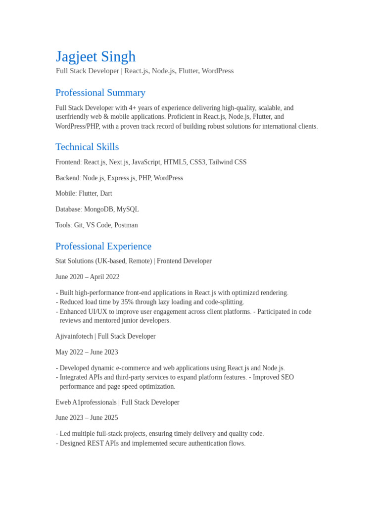 Full Stack Developer with React & Node Expertise | PDF