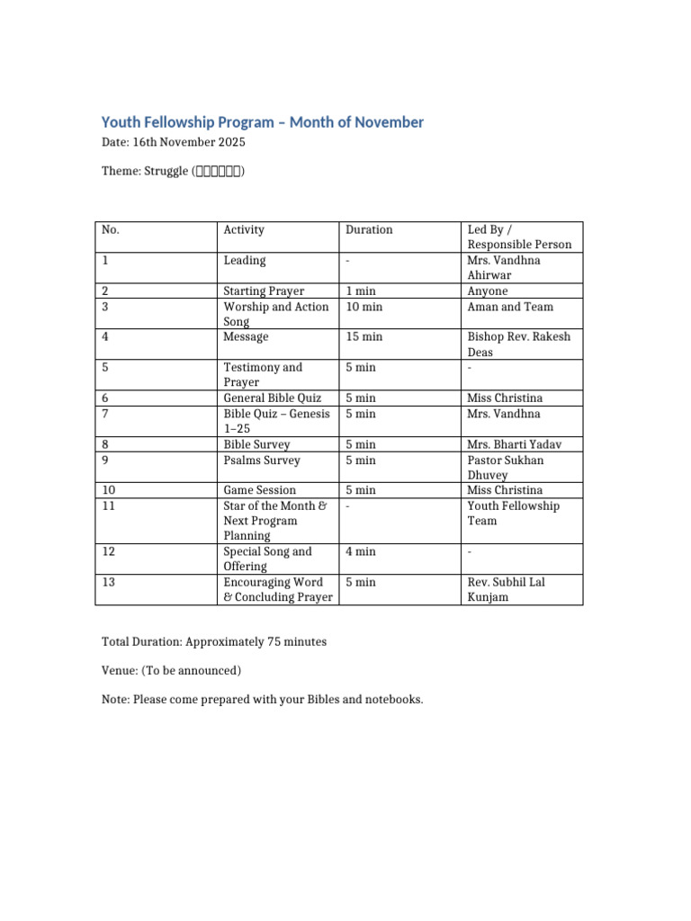 November Youth Fellowship Agenda | PDF