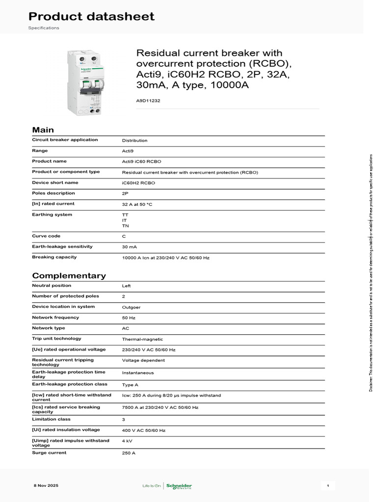 Schneider Electric Acti9-IC60-RCBO A9D11232 | PDF | Alternating Current ...