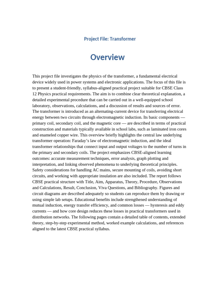 Transformer Project for CBSE Class 12 | PDF | Transformer | Inductor