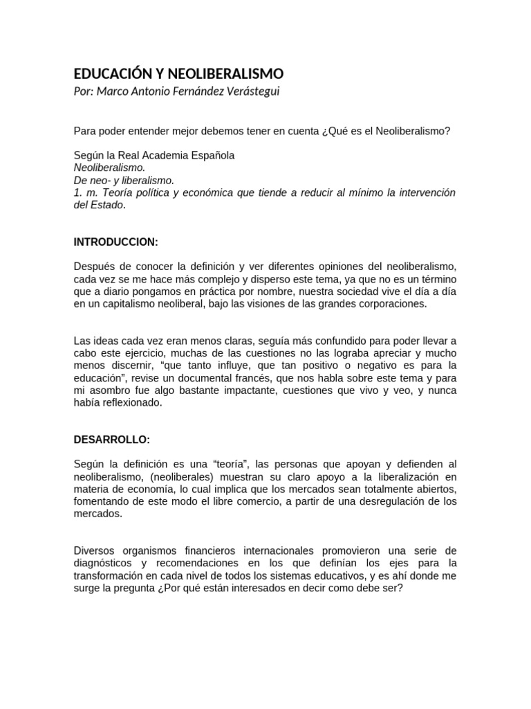 Educación y Neoliberalismo | PDF | Neoliberalismo | Ciencias Políticas