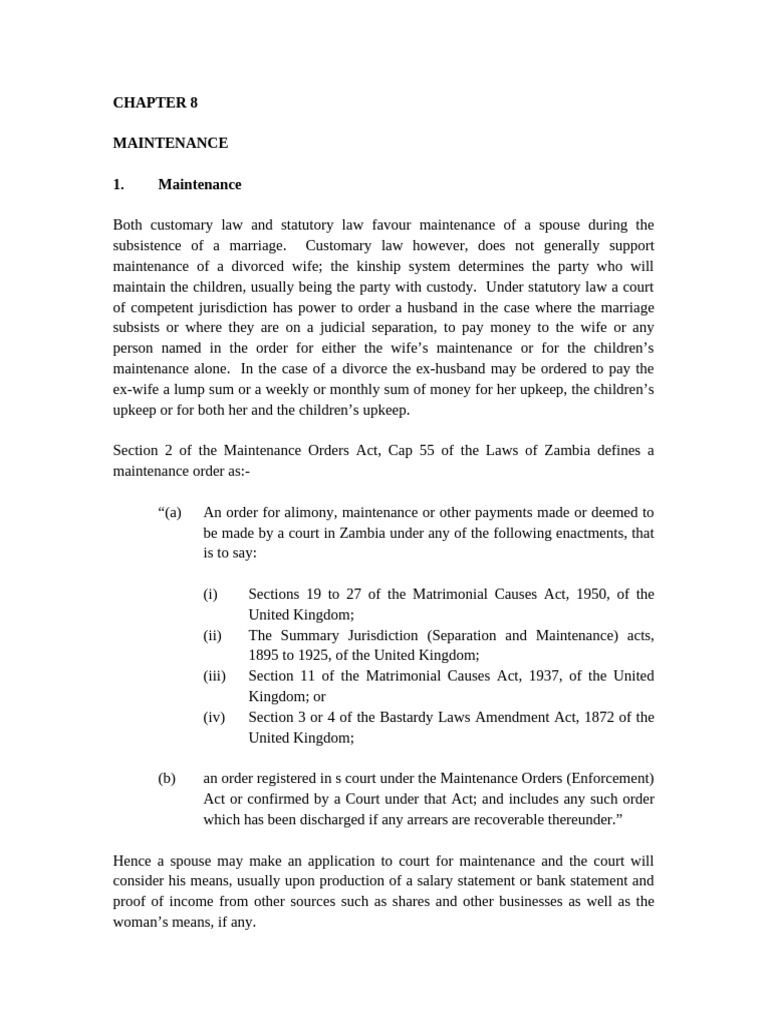 Chapter 8 - Maintenance & Custody | PDF | Alimony | Marriage