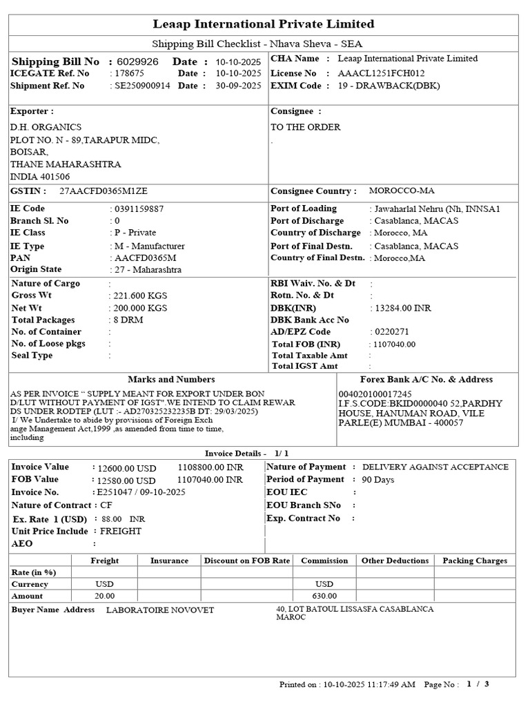 Nhava Sheva Shipping Bill Checklist | PDF | Payments