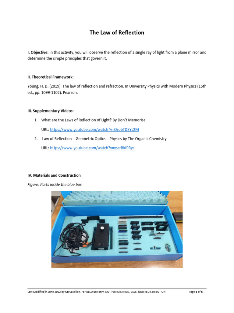 Law of Reflection Experiment Guide | PDF | Reflection (Physics) | Optics