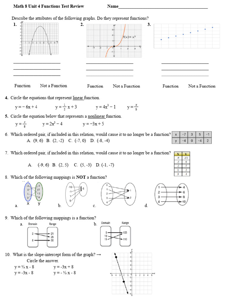 Math 8 Unit 4 Functions Test Review (2024) | PDF | Mathematical Objects ...
