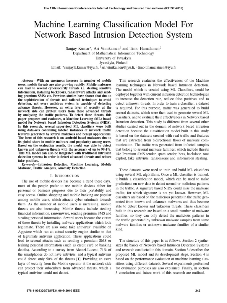 Machine Learning Classification Model For Network Based Intrusion ...