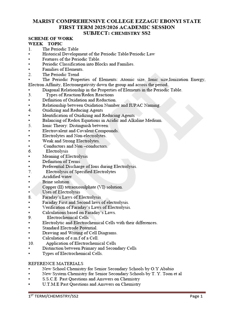SS2 Chemistry First Term Scheme | PDF | Ion | Periodic Table