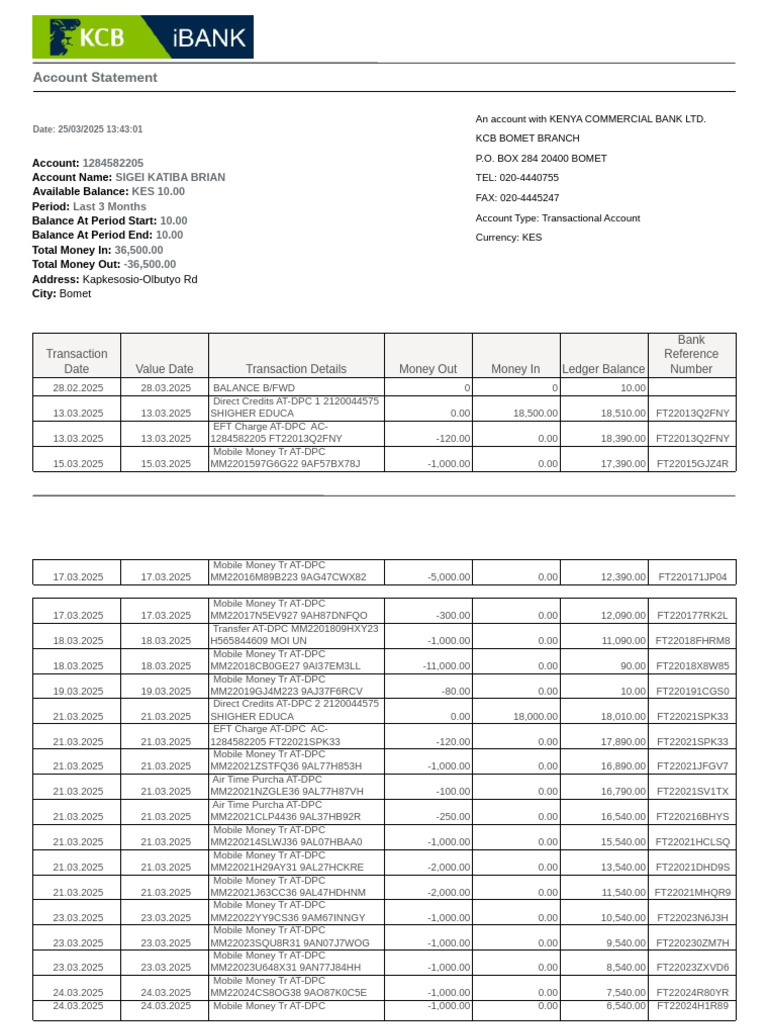 KCB Bomet Branch Account Statement | PDF | Business | Market (Economics)