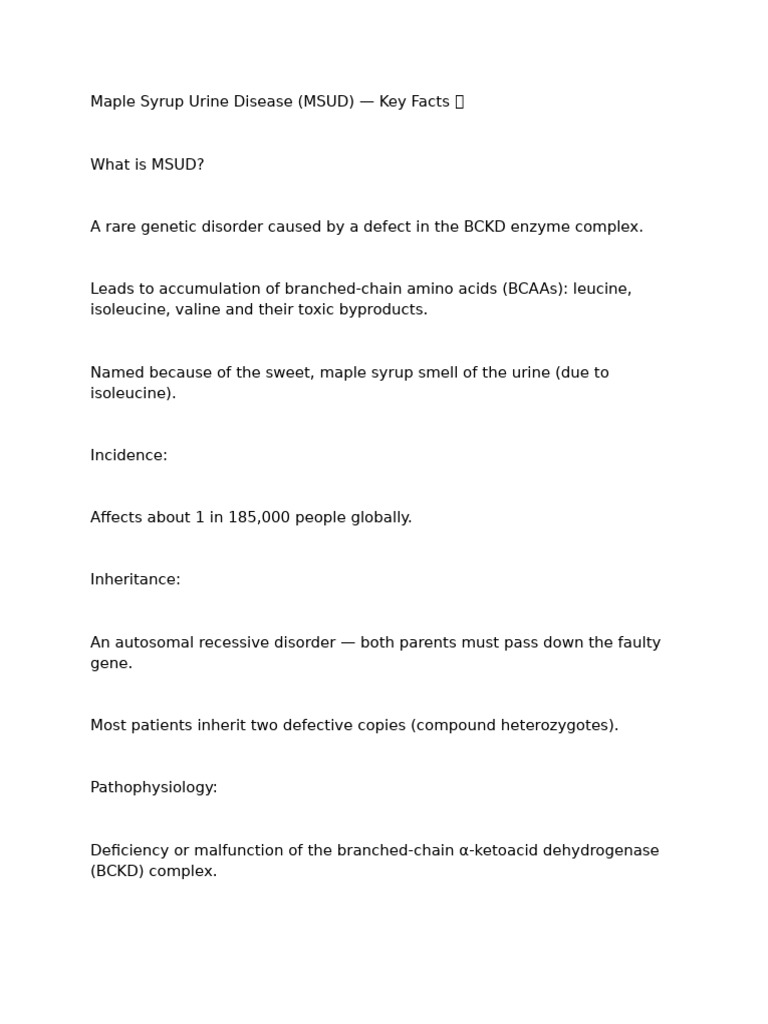 Maple Syrup Urine Disease Overview | PDF