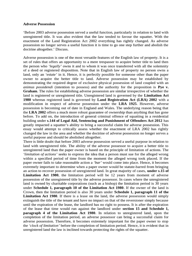 Adverse Possession Essay | PDF | Adverse Possession | Real Property Law