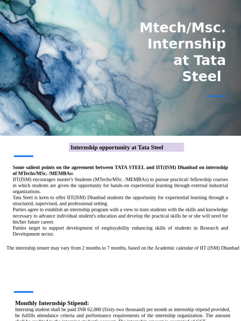 Tata Steel Internship Program for MTech/MSc | PDF