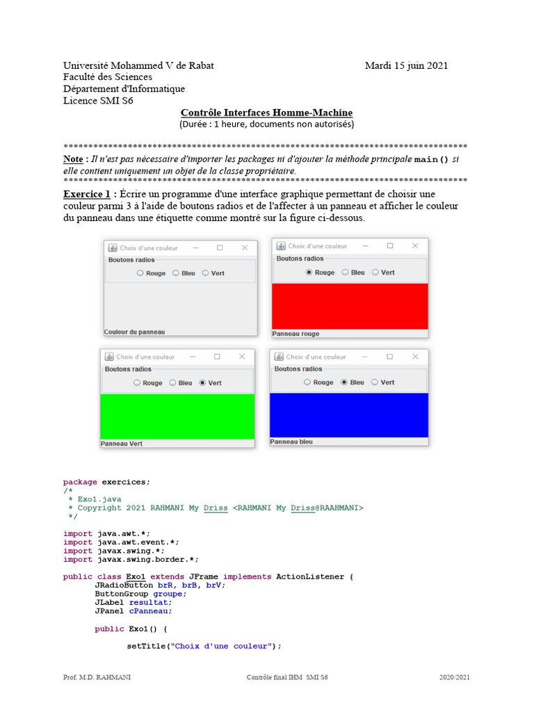 Contrôle IHM S6 : Programmation Java | PDF | Interface graphique | Menu ...