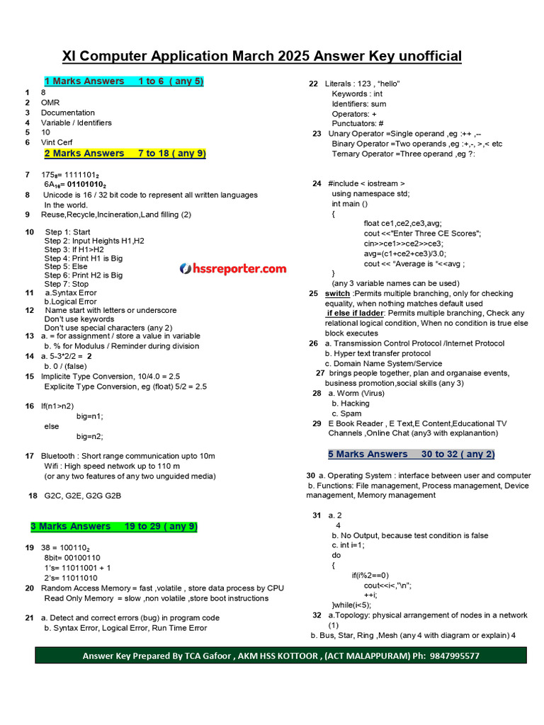 XI Computer Application March 2025 Answer Key | PDF | Computing ...