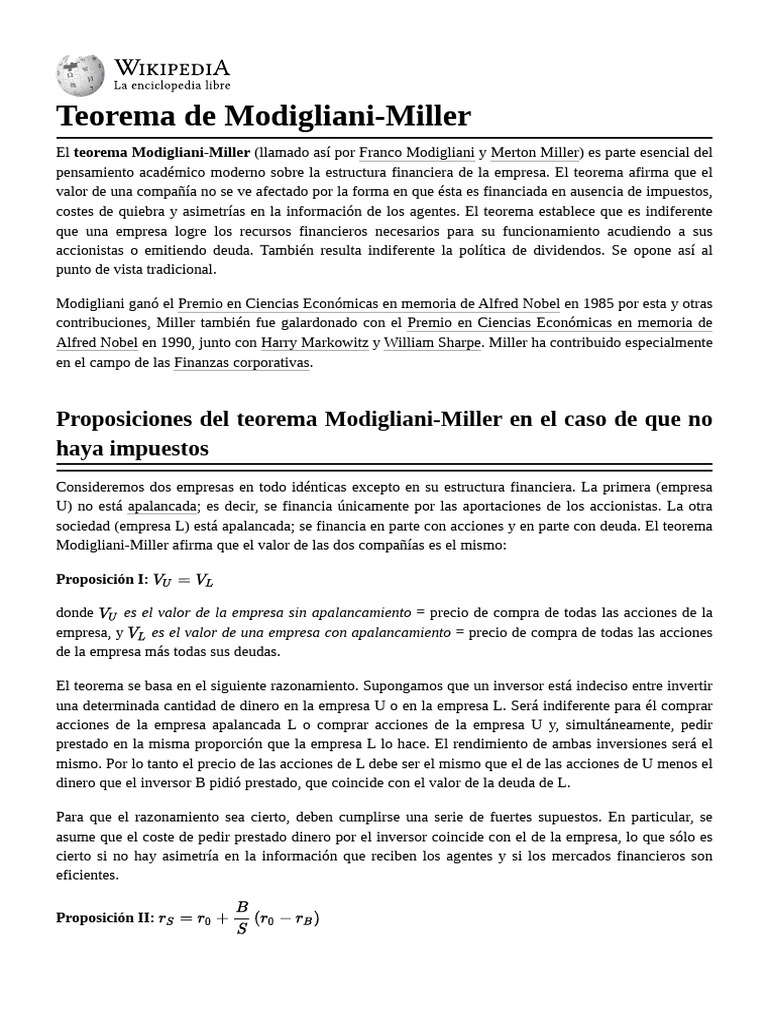 Teorema de Modigliani-Miller explicado | PDF | Dinero | Business