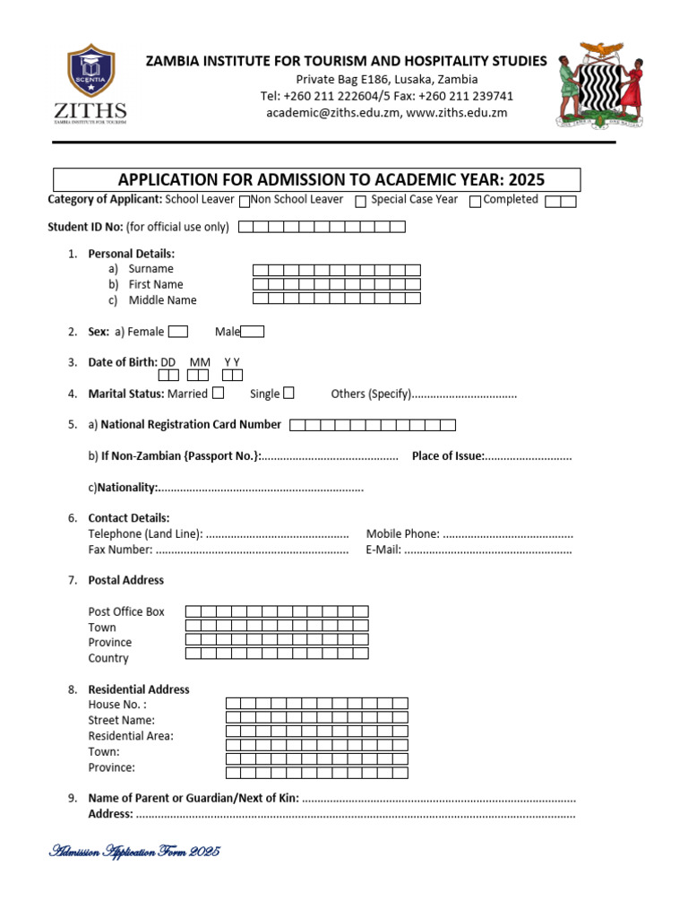 ZITHS Admission Application 2025 | PDF