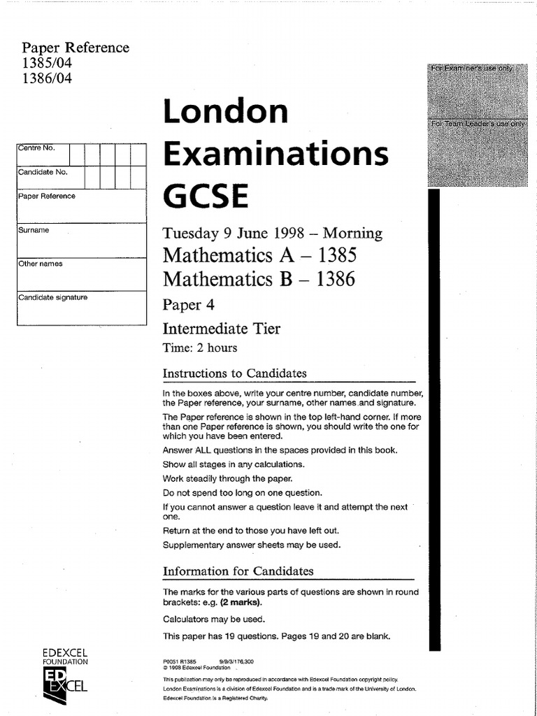 Intermediate Gcse, June 1998, Paper 4 | PDF