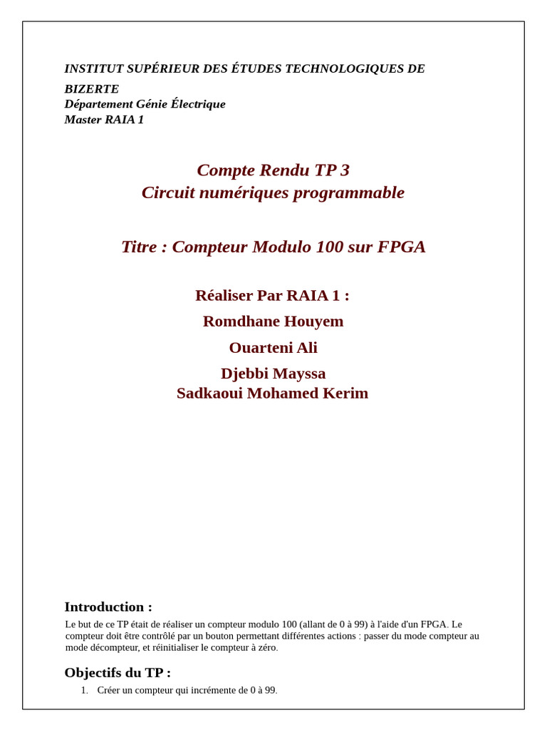 Compteur Modulo 100 sur FPGA VHDL | PDF | VHDL | Design électronique