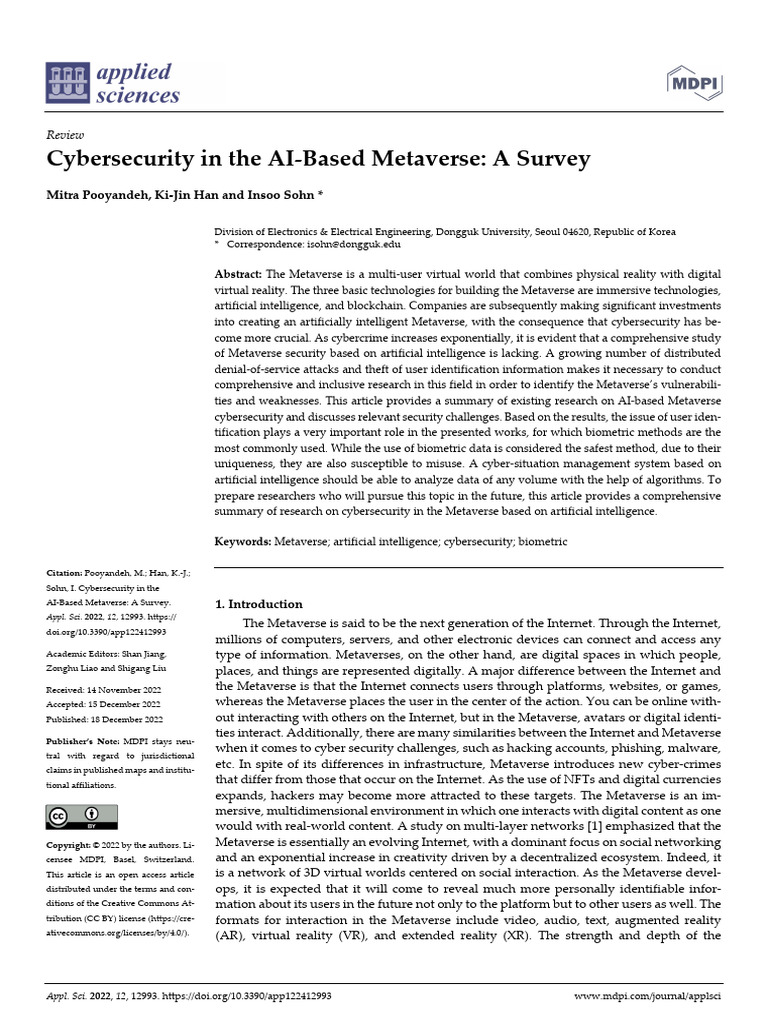 AI Cybersecurity in the Metaverse Survey | PDF | Virtual Reality ...