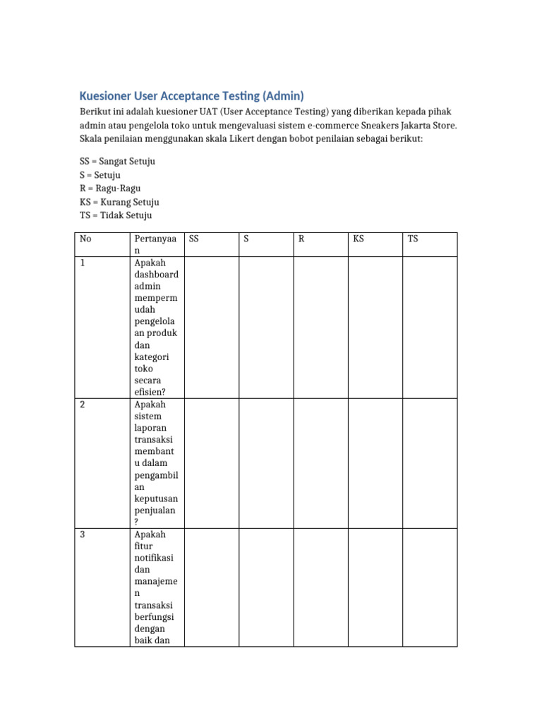 Kuesioner UAT untuk Admin E-Commerce | PDF
