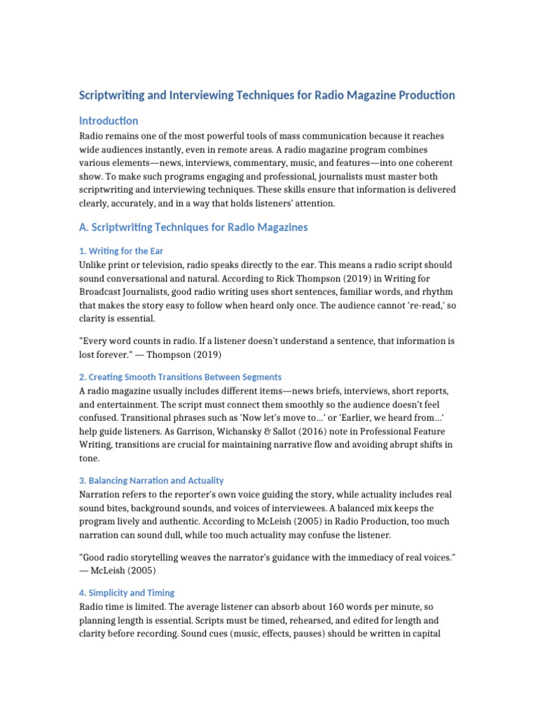 Scriptwriting and Interviewing Techniques For Radio Magazine | PDF |  Journalism | Broadcast Journalism