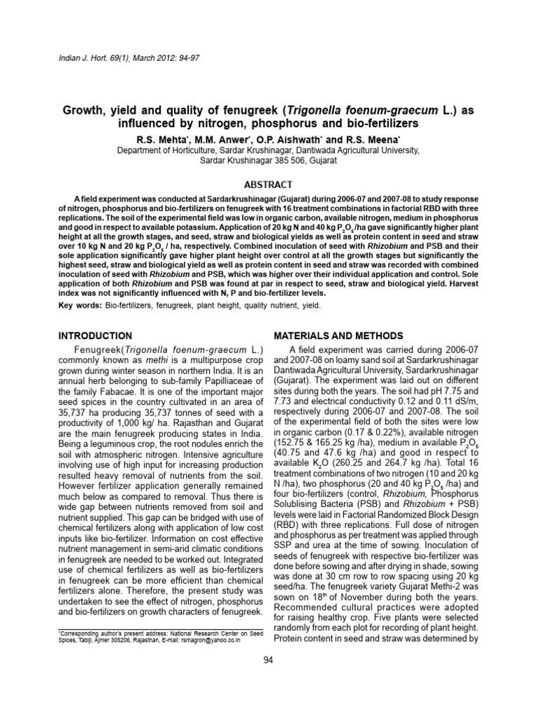 Fenugreek Growth: Impact of N, P, Bio-Fertilizers | PDF | Fertilizer | Root