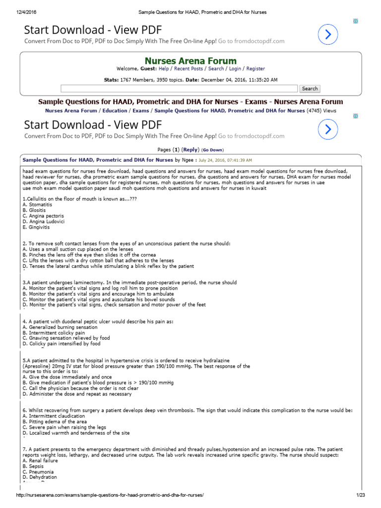 Sample Questions For HAAD Prometric and DHA For Nurses | PDF | Urinary ...
