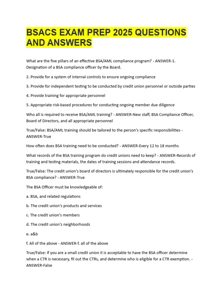 BSA/AML Exam Prep 2025 Q&A Guide | PDF | Office Of Foreign Assets ...