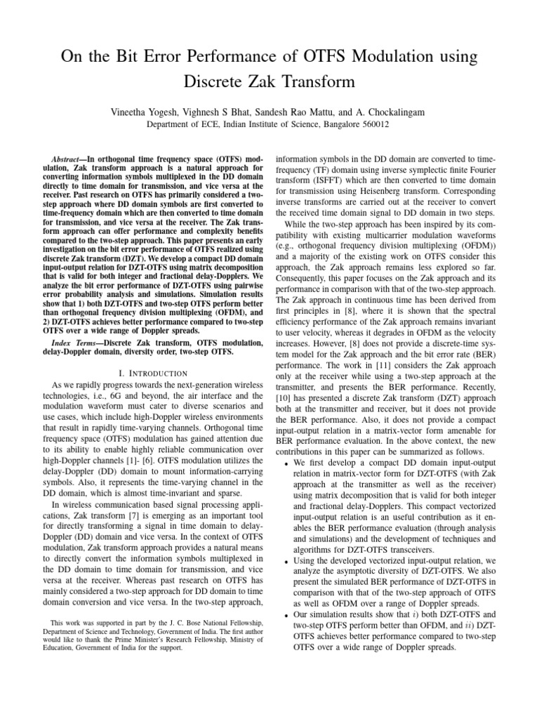 OTFS Modulation Bit Error Analysis with DZT | PDF | Orthogonal ...