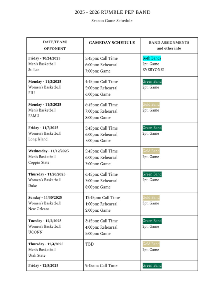 2025-2026 Rumble Pep Band Schedule | PDF | Ncaa Division I Fbs Football ...